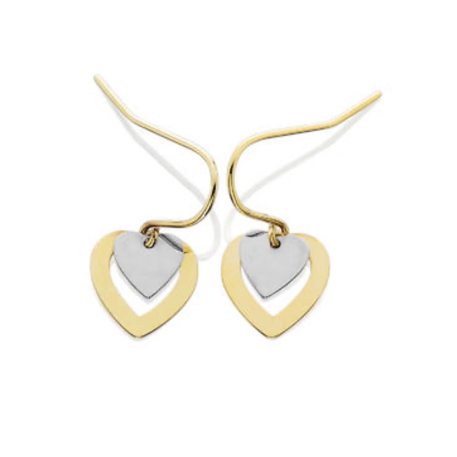 10k Two Tone Double Heart Dangle Earrings